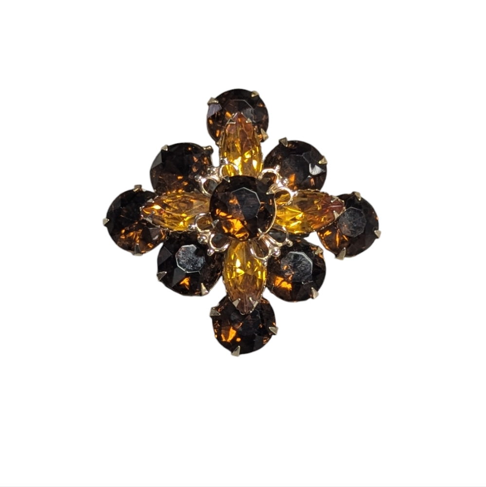 Vintage Root Beer and Amber Glass Rhinestone Cluster Brooch